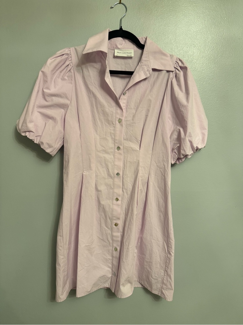 Self contrast Anthropologie Lilac/pink Puff-Sleeve Mini Shirt Dress Small